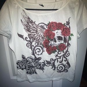 Y2K shirt with a skull covered in flowers
